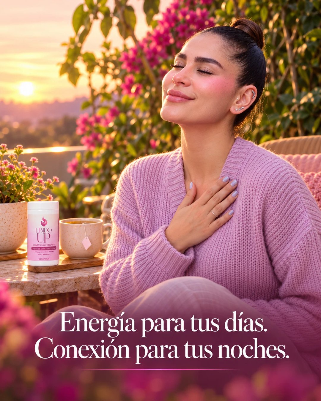 Mujer sonriente al atardecer con Libido UP: energía para tus días, conexión para tus noches