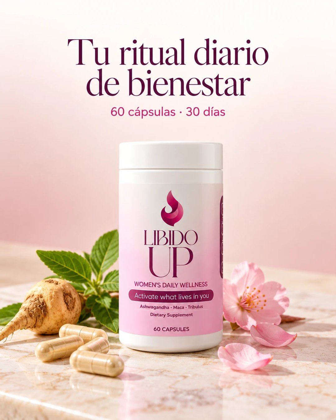 Frasco de Libido UP, tu ritual diario de bienestar: 60 cápsulas para 30 días