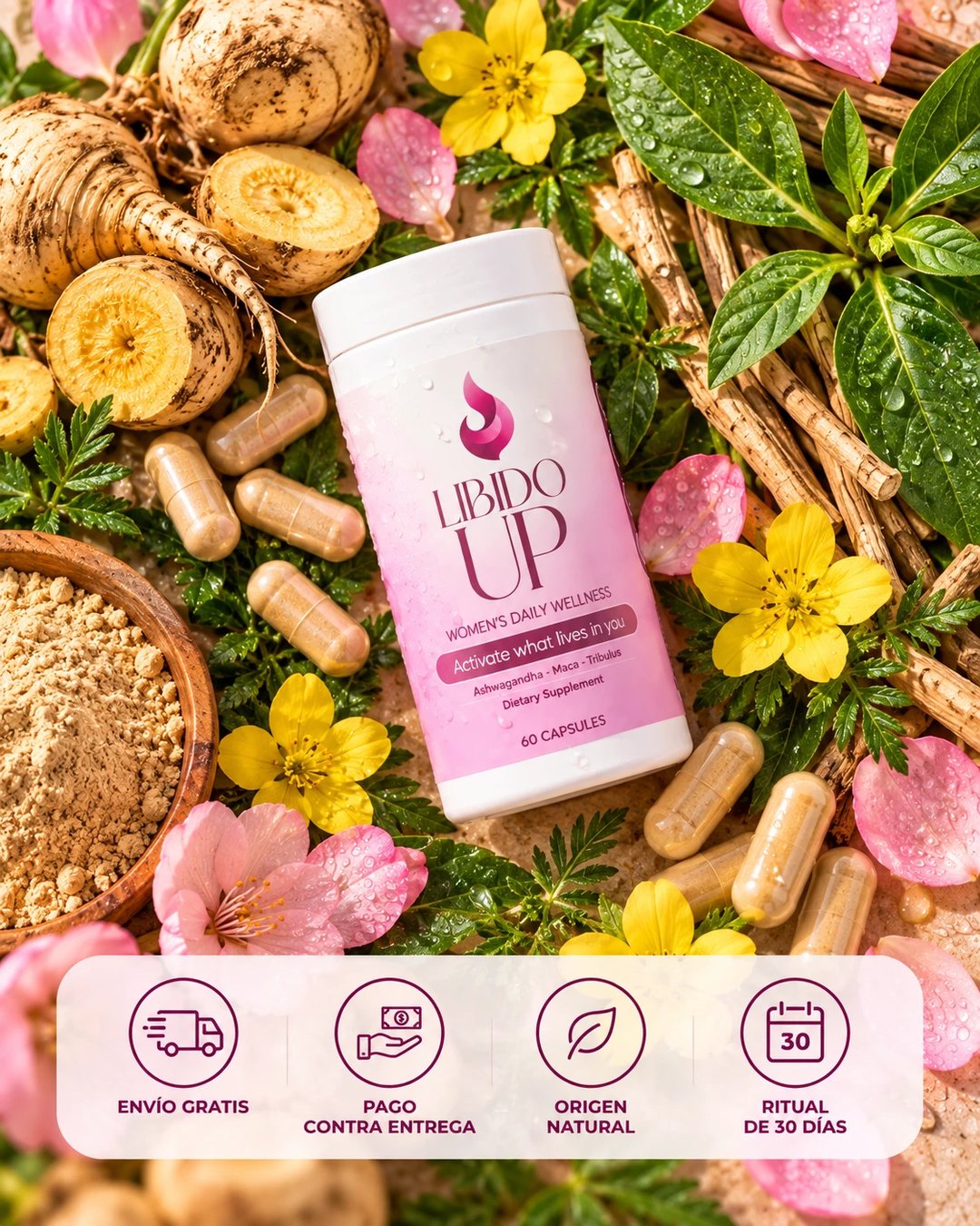 Libido UP rodeado de maca, ashwagandha y tribulus: envío gratis, pago contra entrega, origen natural