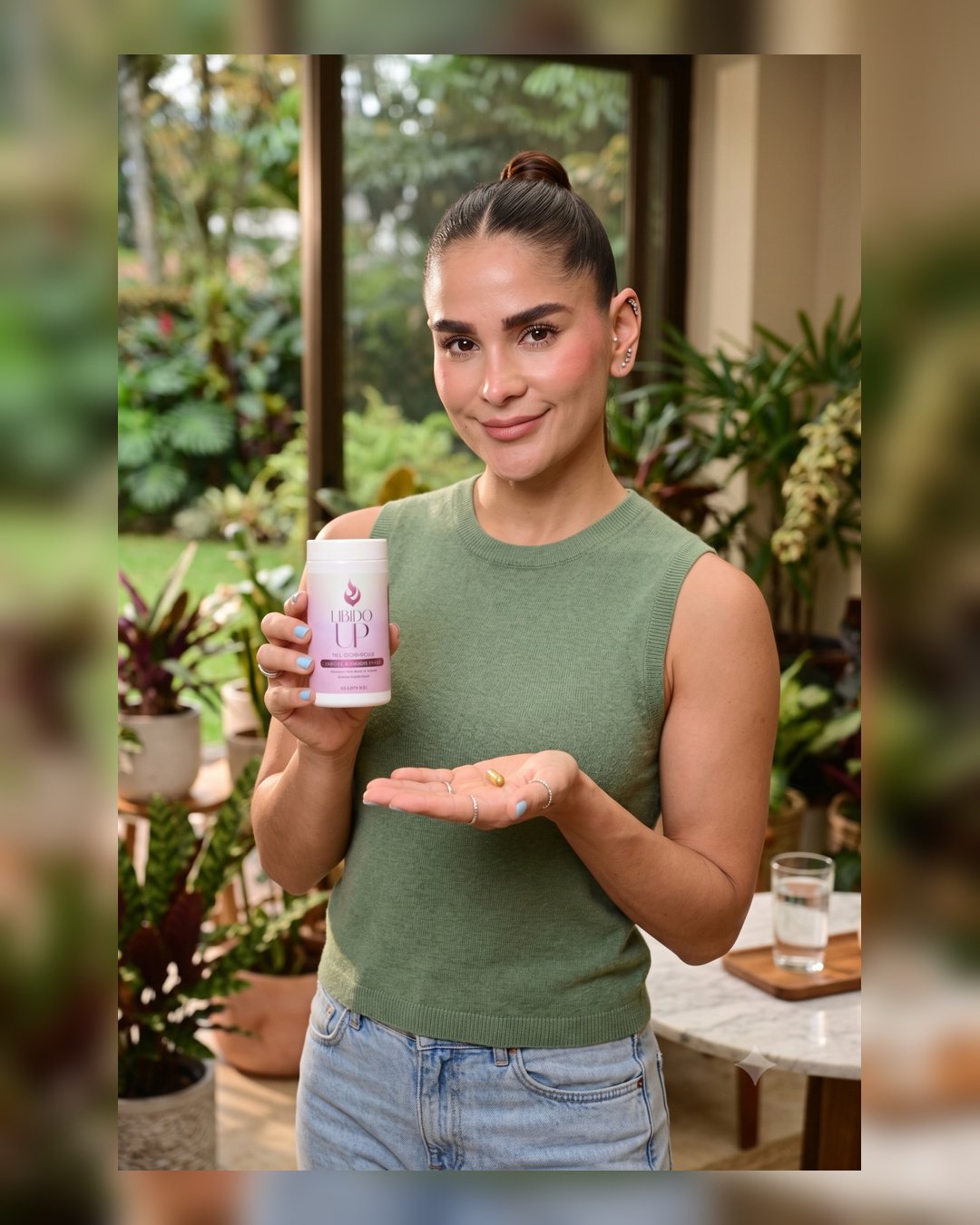 Mujer sonriente sosteniendo el frasco de Libido UP y una cápsula en la mano, en un espacio con plantas