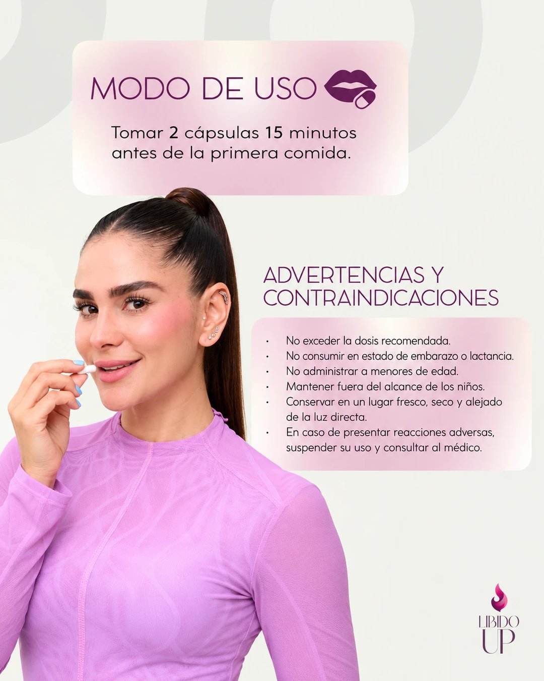 Modo de uso: tomar 2 cápsulas 15 minutos antes de la primera comida. Advertencias y contraindicaciones.